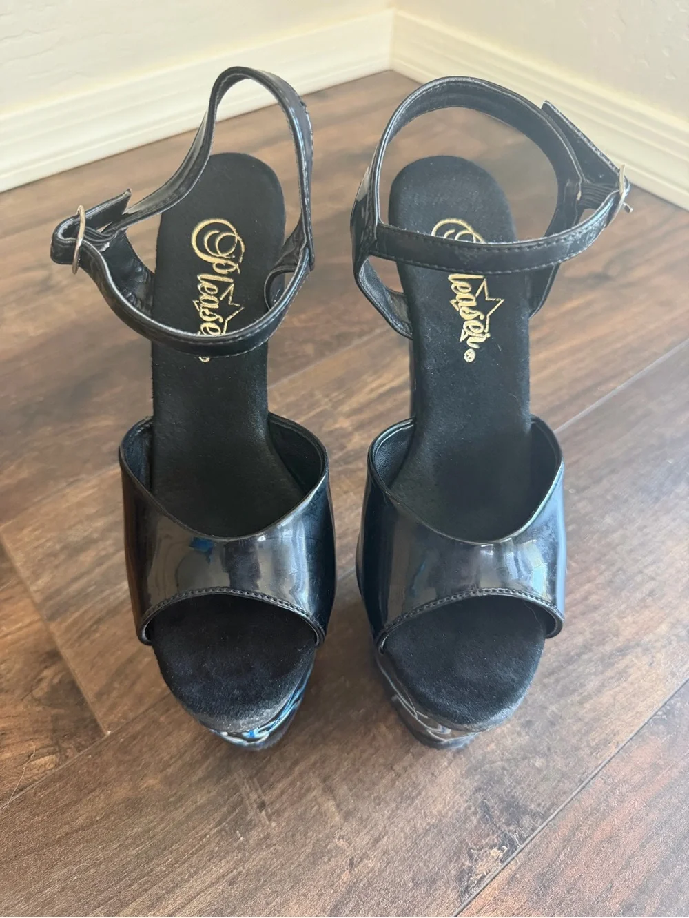Black Pleaser Platform Heels with Blue Lightning Accent